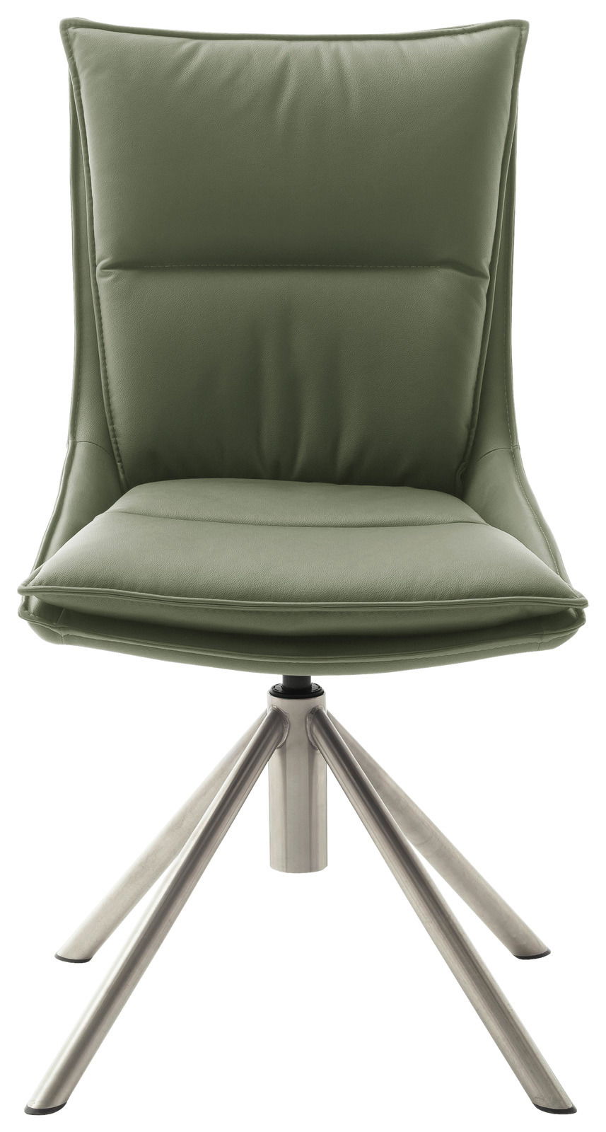 Moderner grüner Stuhl mit gepolsterter Sitzfläche und Rückenlehne, auf einem stabilen Metallgestell, Frontalansicht.