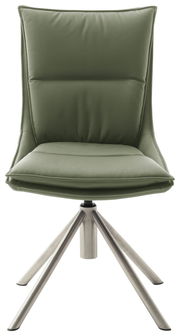 Moderner grüner Stuhl mit gepolsterter Sitzfläche und Rückenlehne, auf einem stabilen Metallgestell, Frontalansicht.