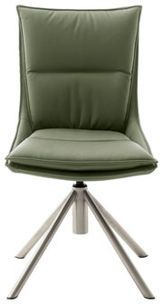 Moderner grüner Stuhl mit gepolsterter Sitzfläche und Rückenlehne, auf einem stabilen Metallgestell, Frontalansicht.