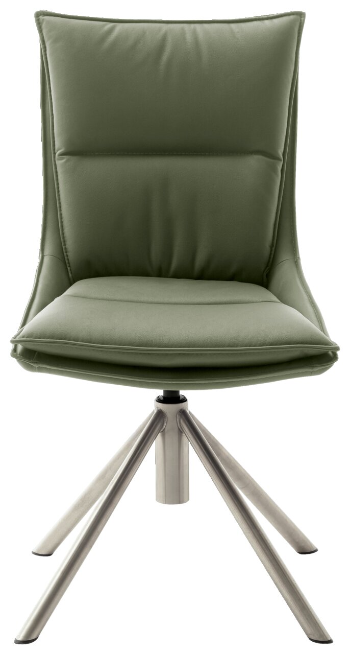 Moderner grüner Stuhl mit gepolsterter Sitzfläche und Rückenlehne, auf einem stabilen Metallgestell, Frontalansicht.