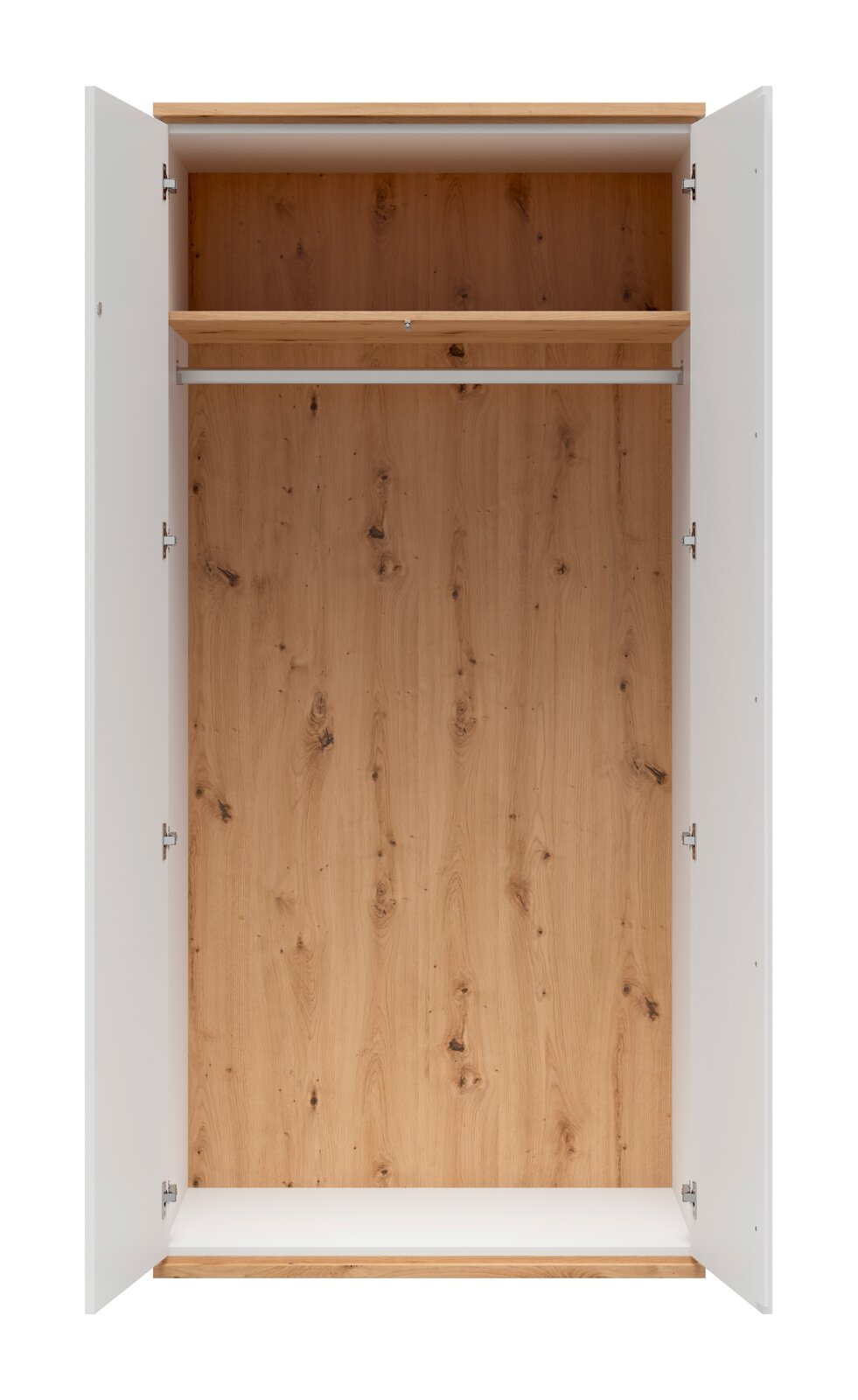 Offener Kleiderschrank mit weißen Türen, Holzrückwand, oberem Einlegeboden und Kleiderstange, frontal von vorn fotografiert