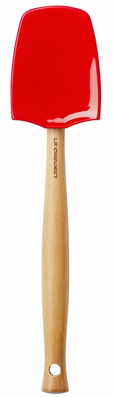 Großer roter Kochlöffel mit Holzgriff, von oben betrachtet