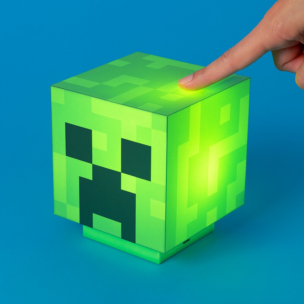 Grüne, würfelförmige Minecraft-Creeper-Lampe mit leuchtender Oberfläche, ein Finger berührt die Oberseite zum Einschalten; Perspektive: leicht von oben, schräg von vorn.
