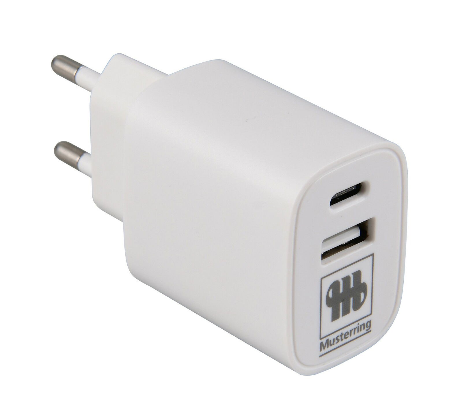 Weißer USB-Netzstecker mit zwei Anschlüssen, seitliche Perspektive