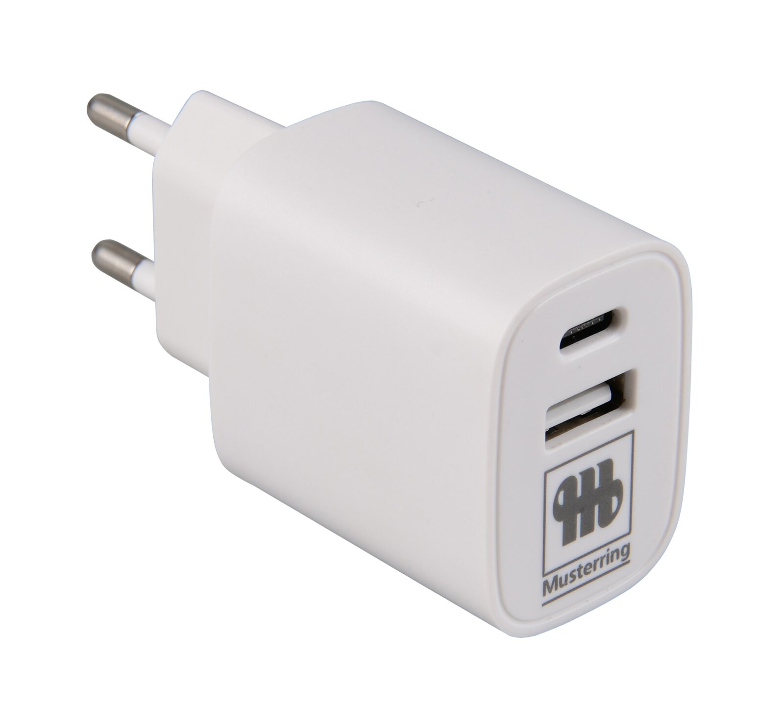 Weißer USB-Netzstecker mit zwei Anschlüssen, seitliche Perspektive