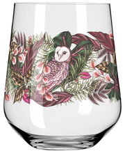 Gin Tumbler mit Eulen- und Blumenmotiv, seitliche Perspektive