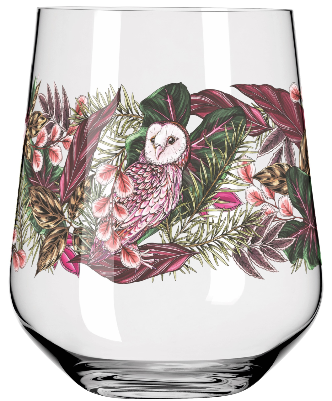 Gin Tumbler mit Eulen- und Blumenmotiv, seitliche Perspektive
