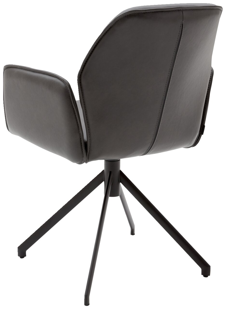 Dieter Knoll Fauteuil SEDE Achterkant van een moderne fauteuil met zwarte lederen bekleding en metalen frame, gefotografeerd vanuit perspectief linksachter.