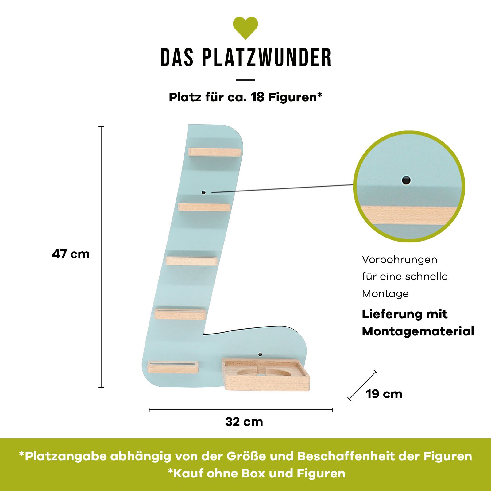 Hellblaues, wandmontierbares Figurenregal „Das Platzwunder“ mit mehreren Holzablagen und kleiner Boxablage, ca. 47 cm hoch, 32 cm breit und 19 cm tief, mit Vorbohrungen und Montagematerial, frontal seitlich aus leichtem Winkel dargestellt.