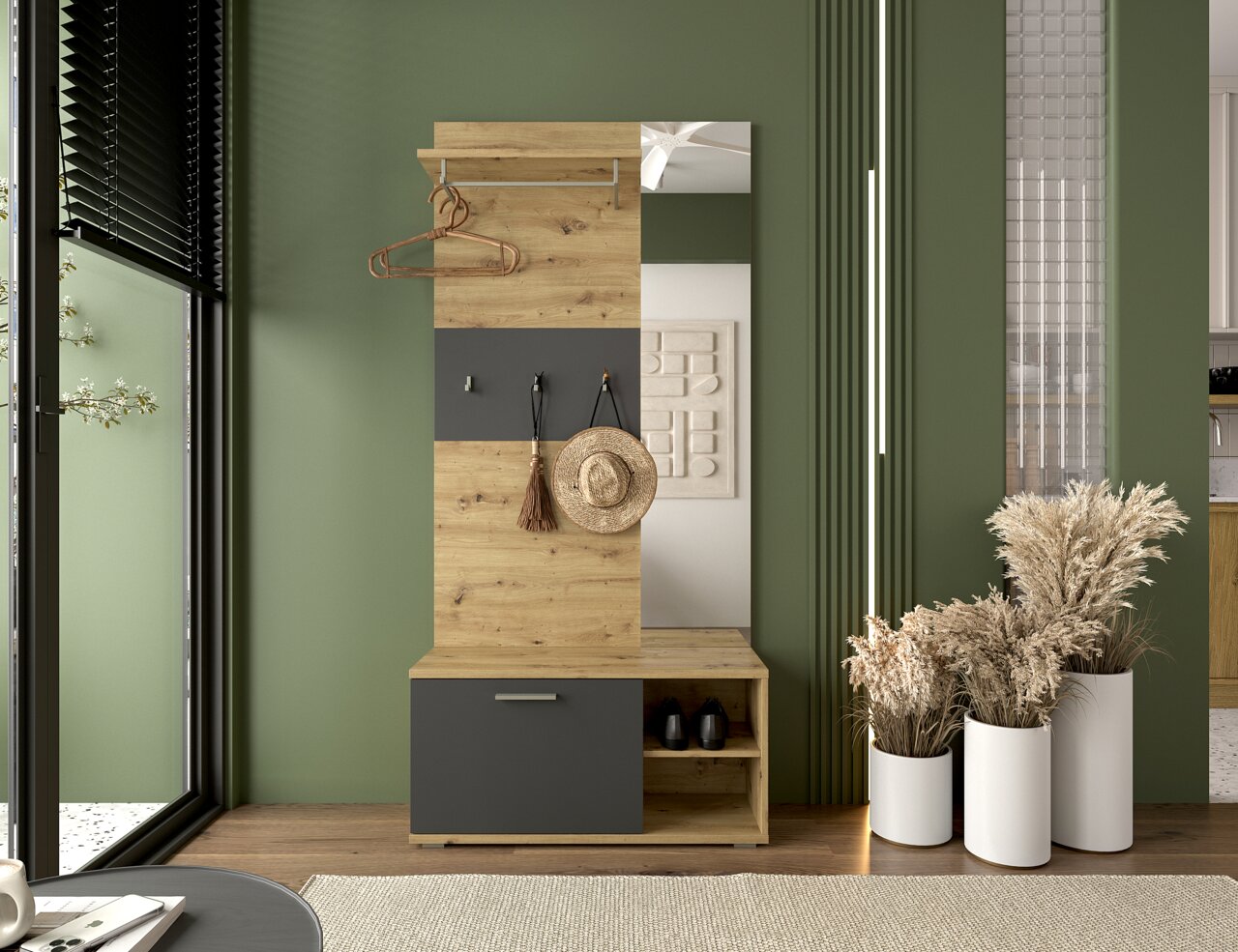 Kompaktgarderobe aus Holz mit Kleiderstange, Haken und Stauraum, frontal fotografiert in einem modern eingerichteten Raum mit grüner Wand.