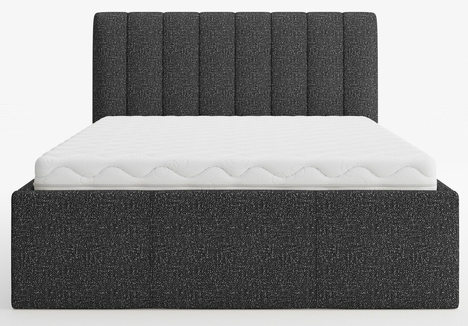 Frontale Ansicht eines modernen Polsterbetts mit dunkelgrauem Stoffbezug und weißer Matratze.