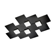 Moderne schwarze LED-Deckenleuchte mit geometrisch angeordneten, quadratischen Paneelen und vier leuchtenden Würfeln, schräg von unten dargestellt