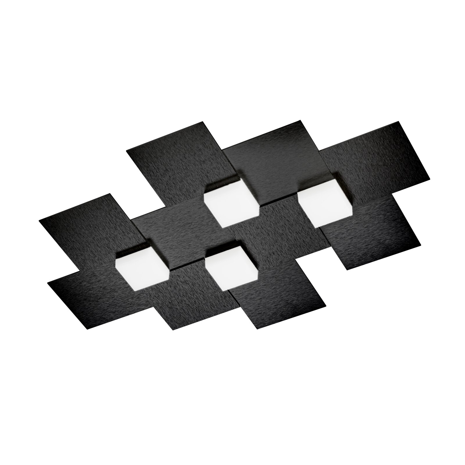 Moderne schwarze LED-Deckenleuchte mit geometrisch angeordneten, quadratischen Paneelen und vier leuchtenden Würfeln, schräg von unten dargestellt