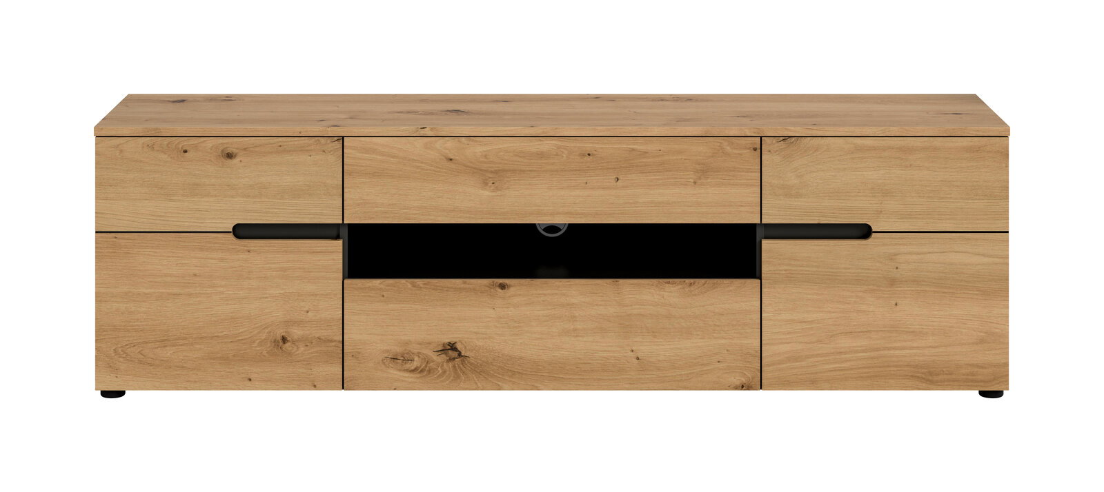 Holz-TV-Lowboard in Eichenoptik mit zwei seitlichen Schranktüren, mittigem offenen Fach und schwarzen Griffleisten, Frontansicht