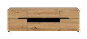 Holz-TV-Lowboard in Eichenoptik mit zwei seitlichen Schranktüren, mittigem offenen Fach und schwarzen Griffleisten, Frontansicht