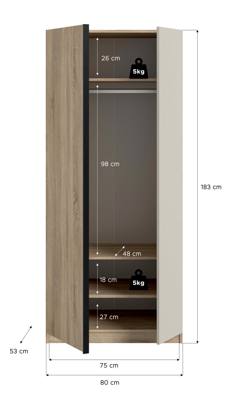 Offener zweitüriger Kleiderschrank in Holzoptik mit weißer Tür, Innenansicht mit Kleiderstange und Ablagefächern, Maßangaben (H 183 cm, B 80 cm, T 53 cm) und Fachhöhen, perspektivisch leicht von vorn dargestellt.