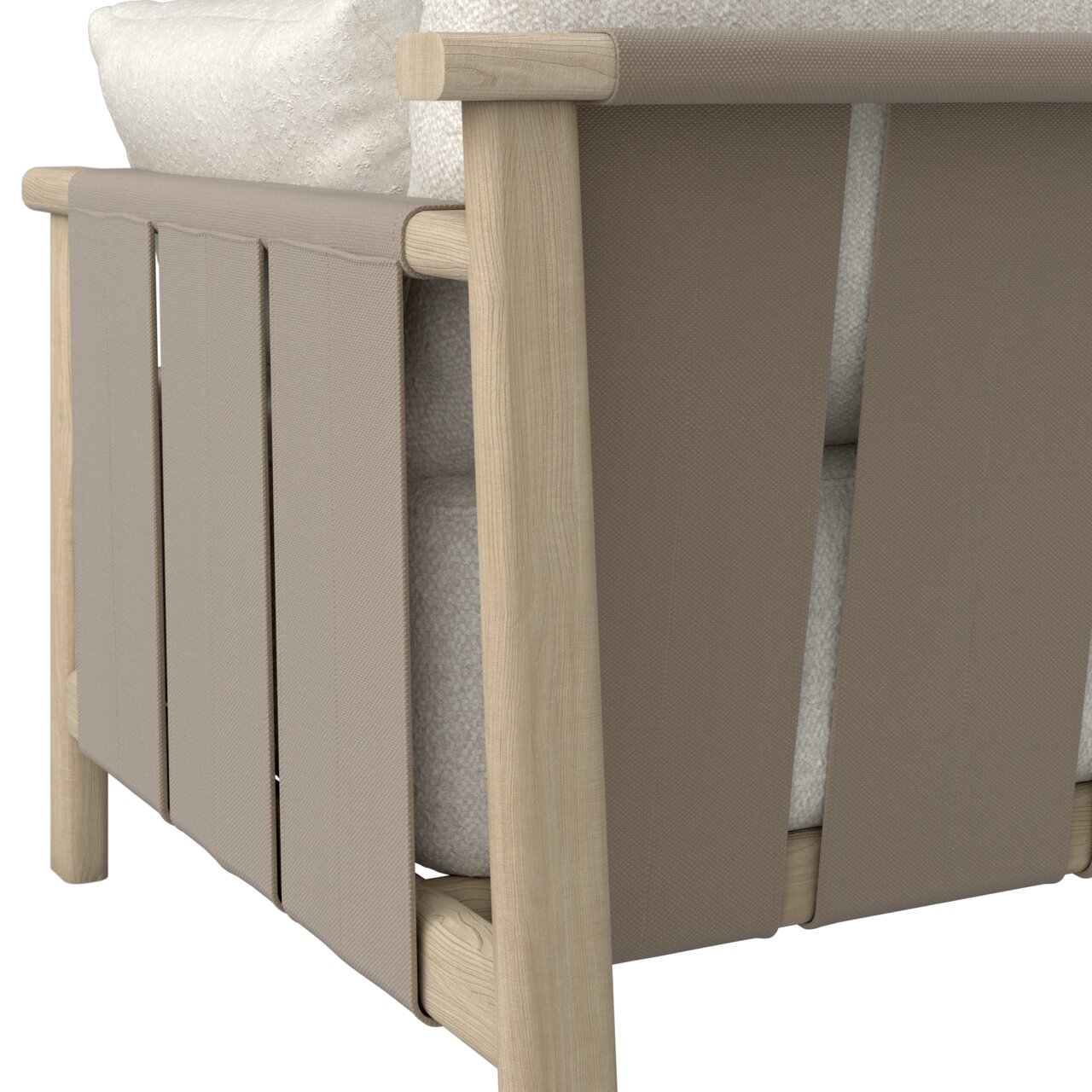 Detailfoto van de hoekbank met houten frame en beige stoffen bekleding, gezien vanaf de zijkant.