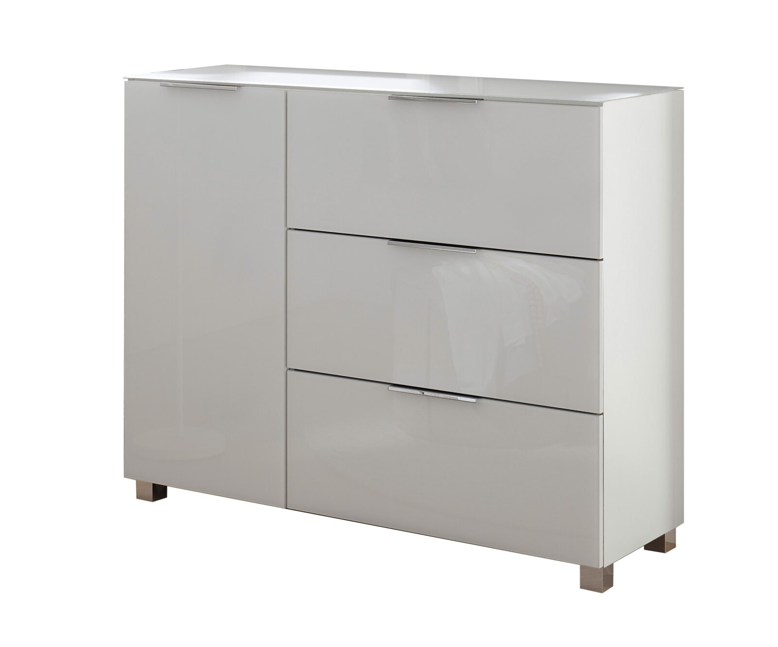 XORA Kommode LIPPO Moderne weiße Kommode mit Hochglanzoberfläche, zwei Türen und drei Schubladen, frontal betrachtet.