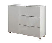 Moderne weiße Kommode mit Hochglanzoberfläche, zwei Türen und drei Schubladen, frontal betrachtet.