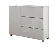 Moderne weiße Kommode mit Hochglanzoberfläche, zwei Türen und drei Schubladen, frontal betrachtet.