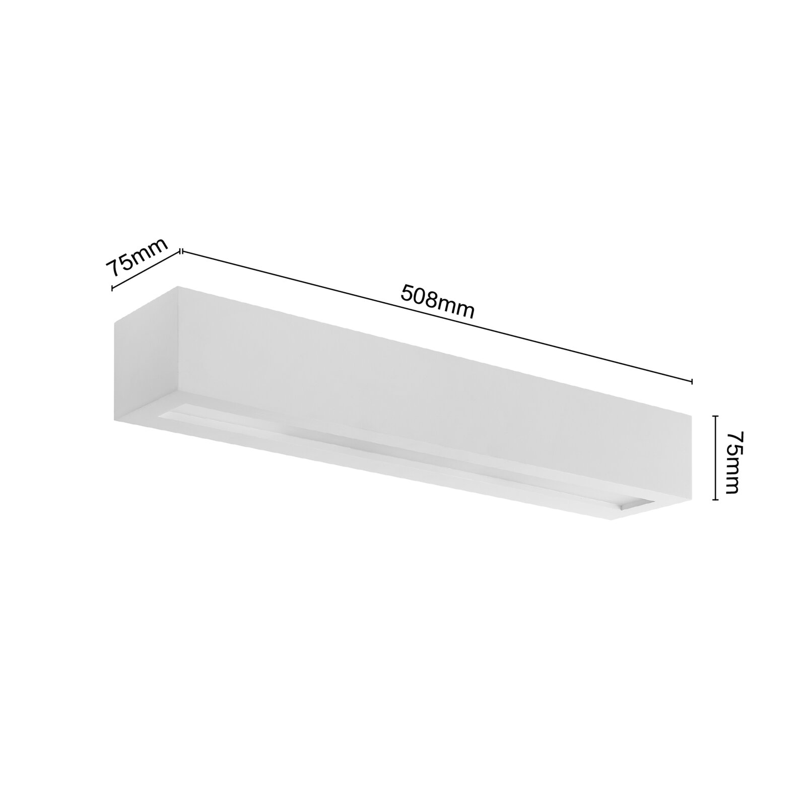 Moderne weiße Wandleuchte in rechteckiger Form, seitliche Perspektive, Maße 508mm x 75mm x 75mm