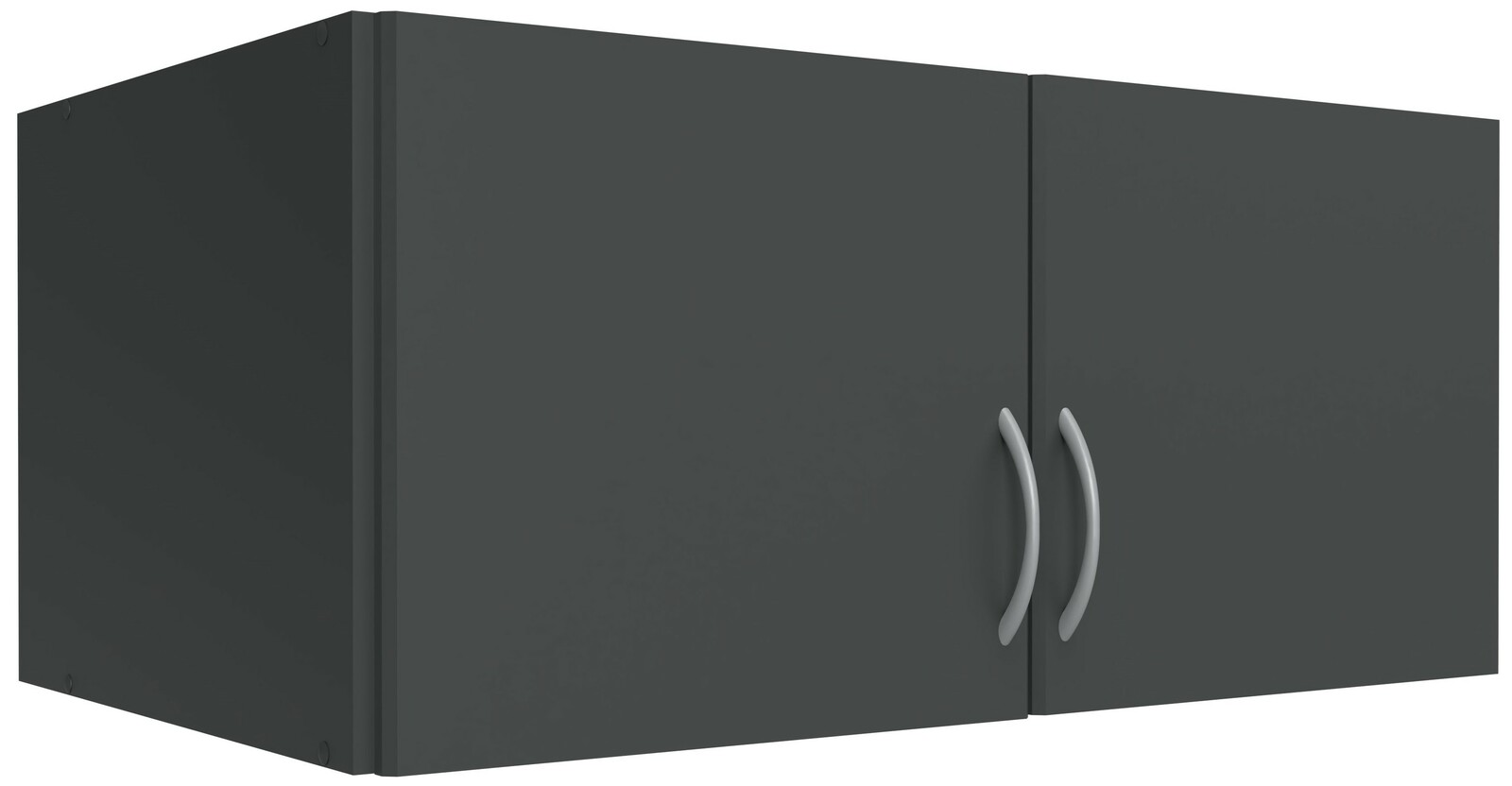 XORA Aufsatz T54 MULTIRAUMKONZEPT Schwarzer Wandschrank mit zwei Türen und silbernen Griffen, seitliche Perspektive