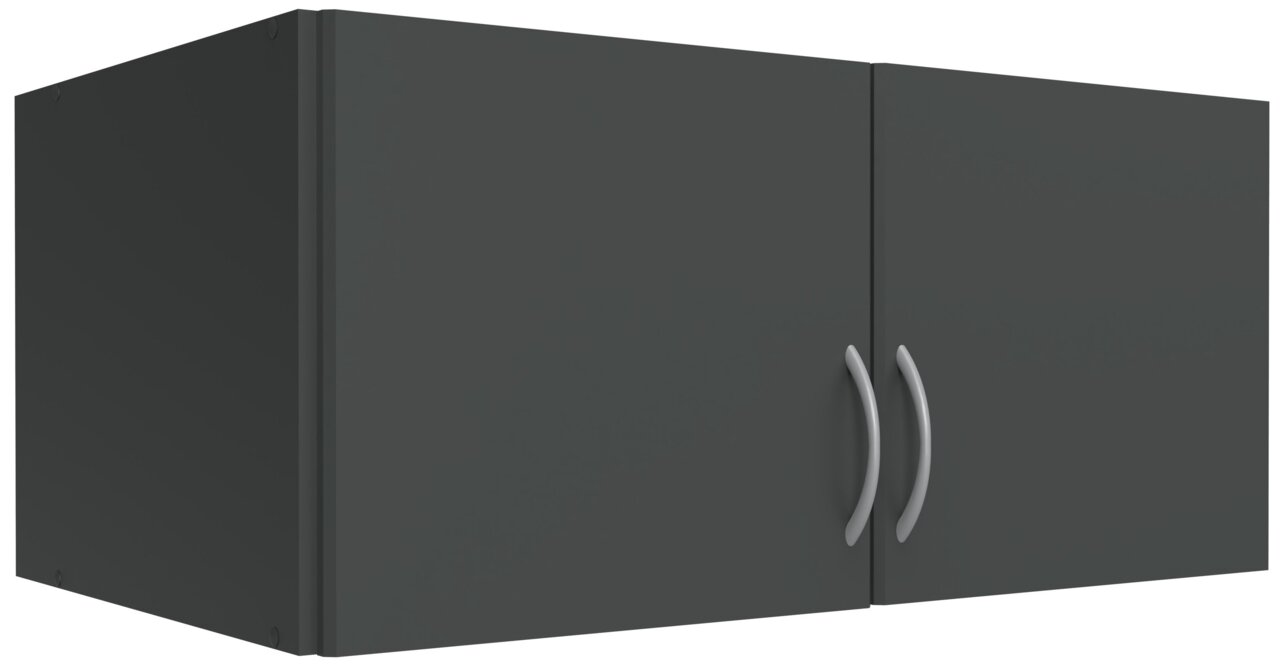 Schwarzer Wandschrank mit zwei Türen und silbernen Griffen, seitliche Perspektive