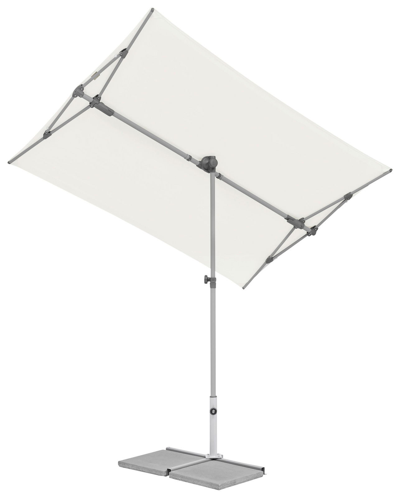 Moderner weißer Sonnenschirm mit rechteckigem Schirm und stabilem Standfuß, seitliche Perspektive