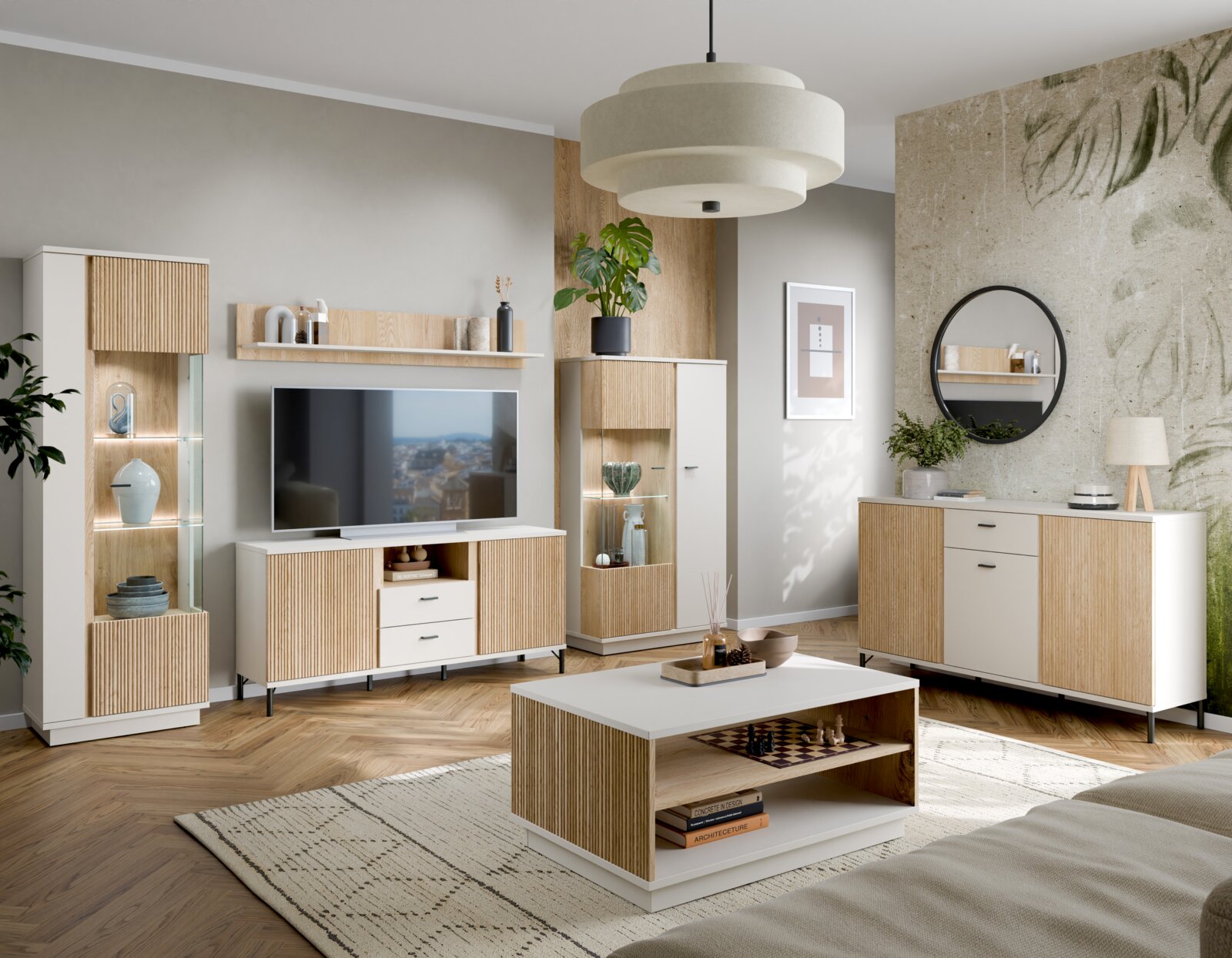 Z2 Salontafel MOSANO Moderne salontafel in houtlook met een wit frame, centraal in de woonkamer geplaatst, omringd door stijlvolle meubels en decoraties, gezien vanuit het vooraanzicht.