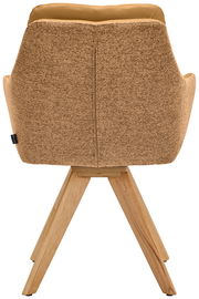 Rückansicht eines Armlehnstuhls mit beigem Stoffbezug und Holzbeinen