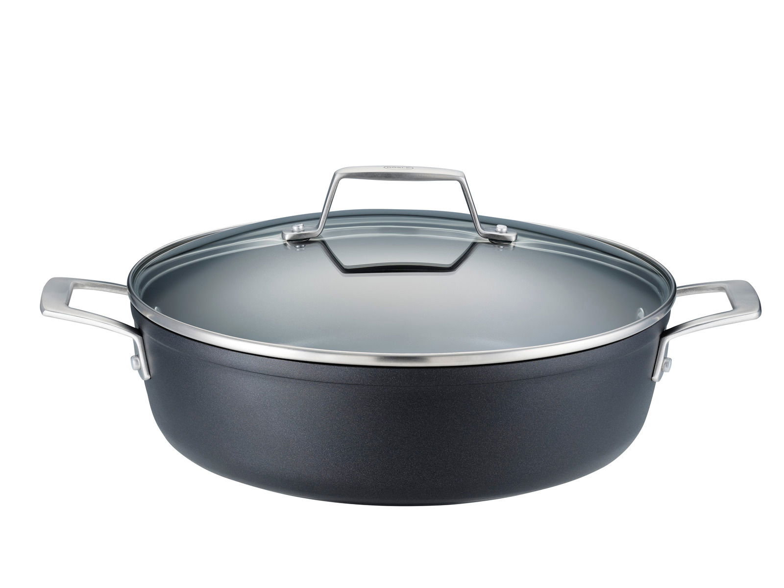 Servierpfanne Raise Ø 28 cm mit Glasdeckel, seitliche Perspektive