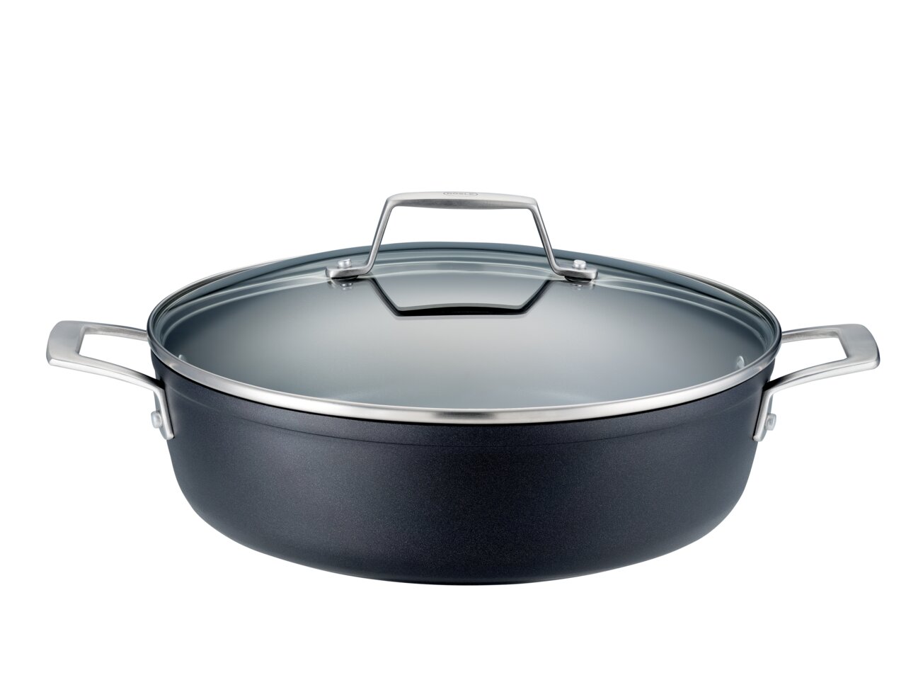 Servierpfanne Raise Ø 28 cm mit Glasdeckel, seitliche Perspektive