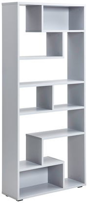 Moderner, weißer Raumteiler mit asymmetrischen Fächern, seitliche Perspektive