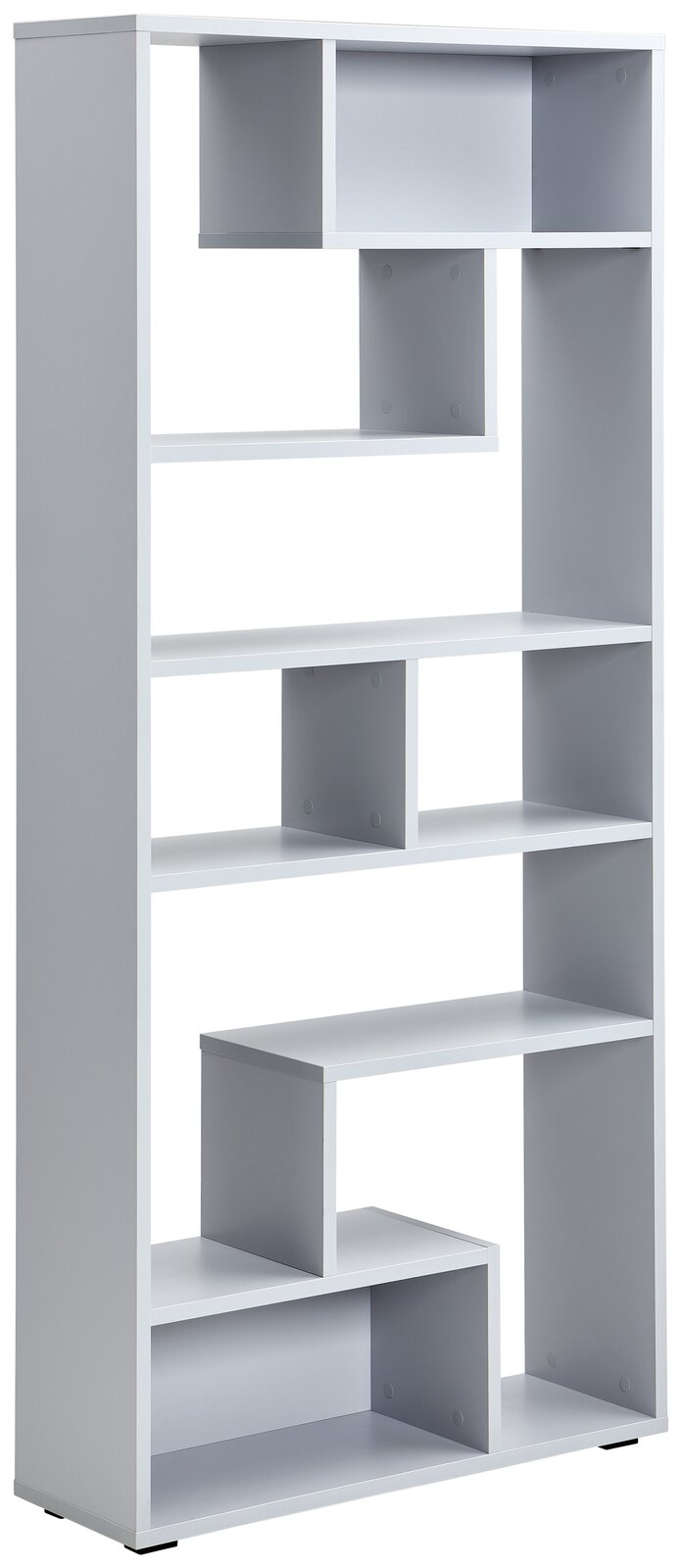 Moderner, weißer Raumteiler mit asymmetrischen Fächern, seitliche Perspektive