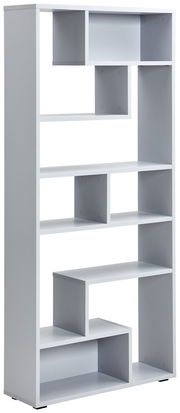 Moderner, weißer Raumteiler mit asymmetrischen Fächern, seitliche Perspektive