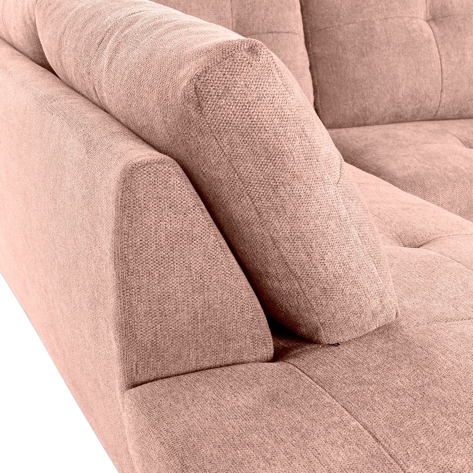 Nahaufnahme einer beigen Sofaecke mit gepolsterten Kissen, seitliche Perspektive.