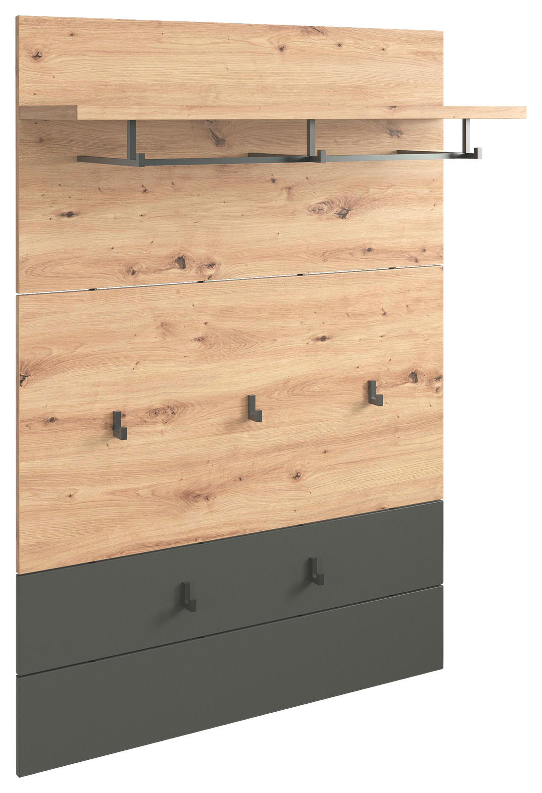 Garderobenpaneel aus Holz mit mehreren Haken und Ablage, seitliche Perspektive