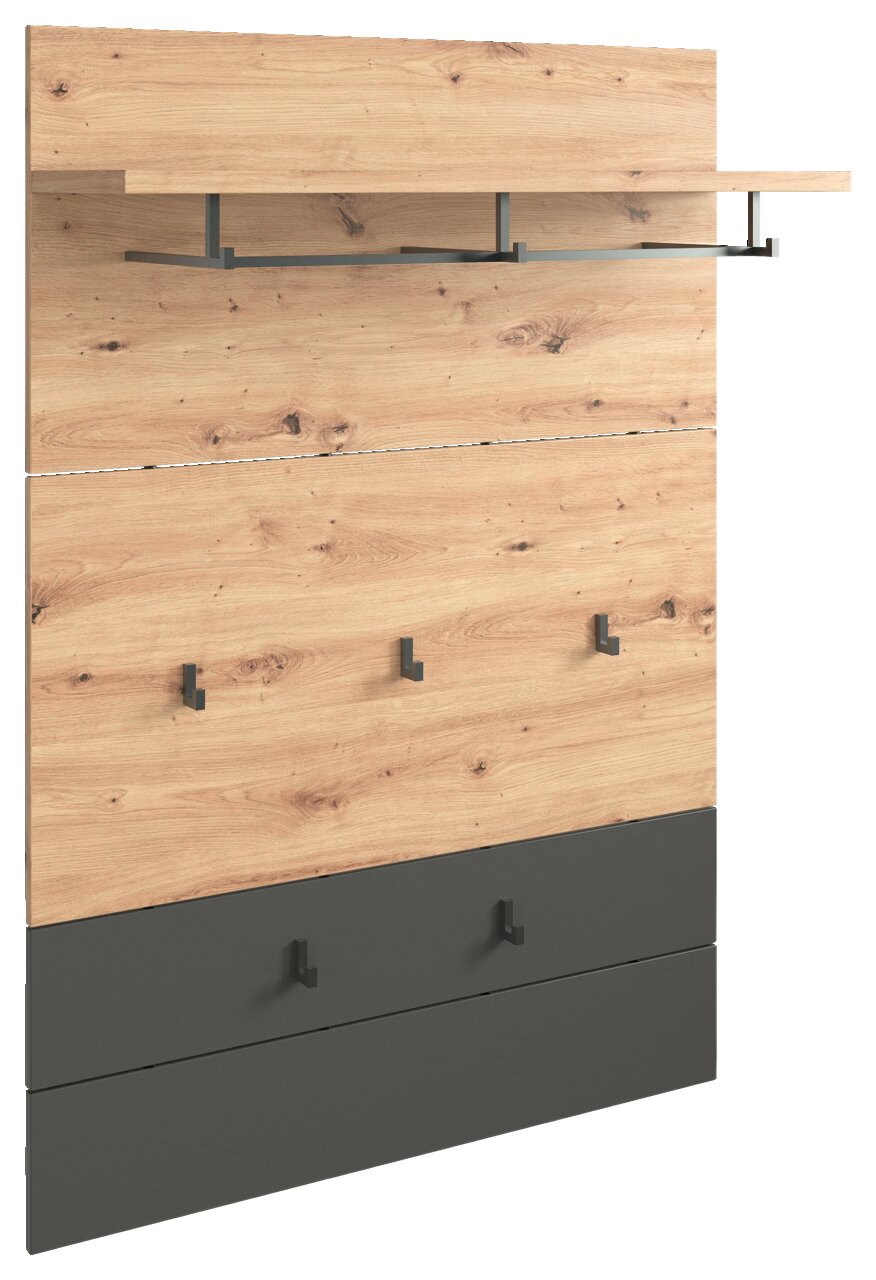 Garderobenpaneel aus Holz mit mehreren Haken und Ablage, seitliche Perspektive