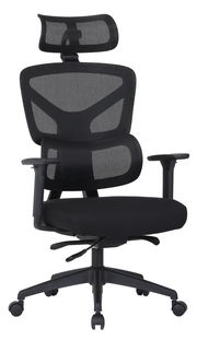 Ergonomischer schwarzer Drehstuhl mit Netzrückenlehne und Kopfstütze, Frontalansicht