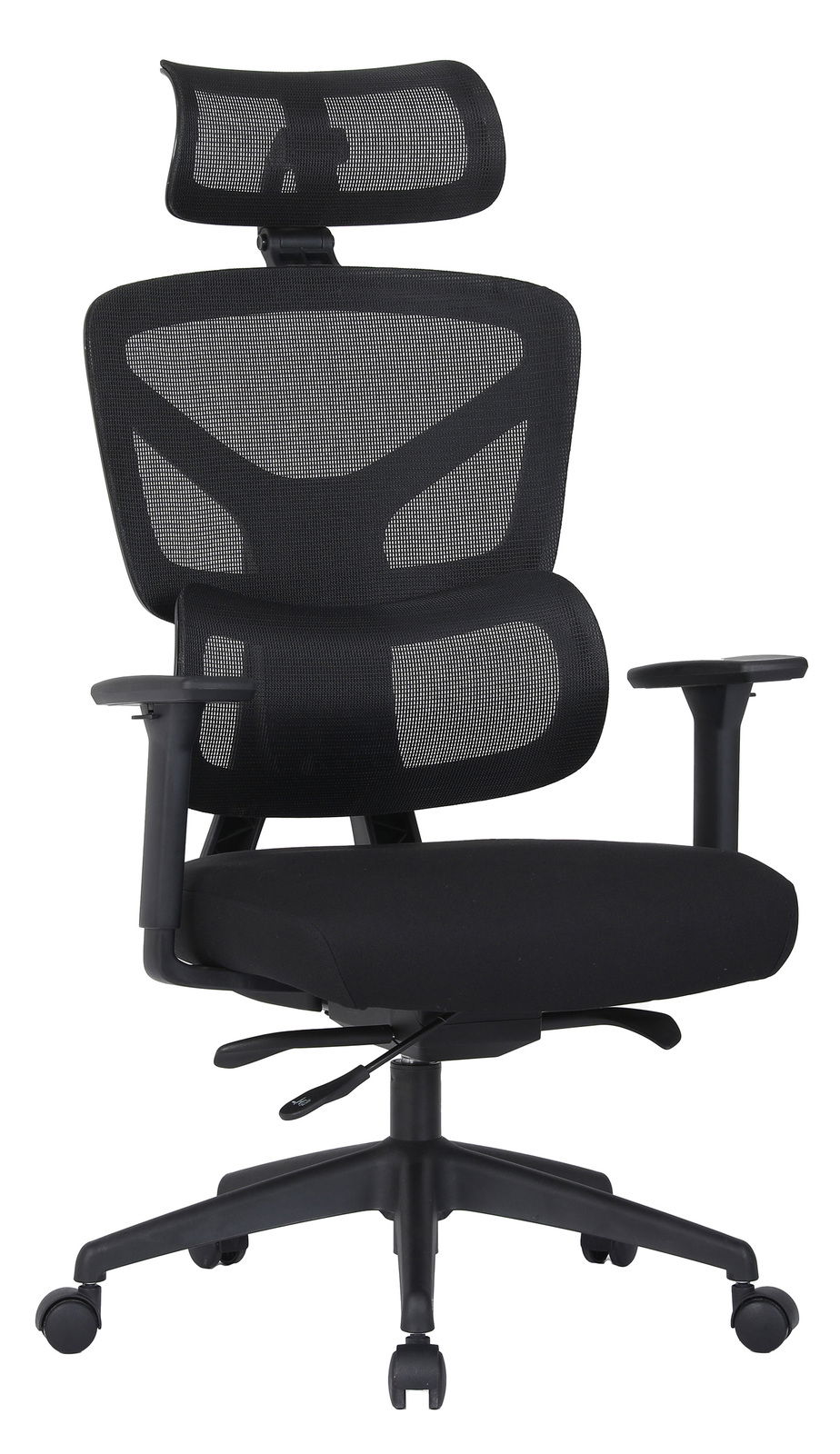 Ergonomischer schwarzer Drehstuhl mit Netzrückenlehne und Kopfstütze, Frontalansicht