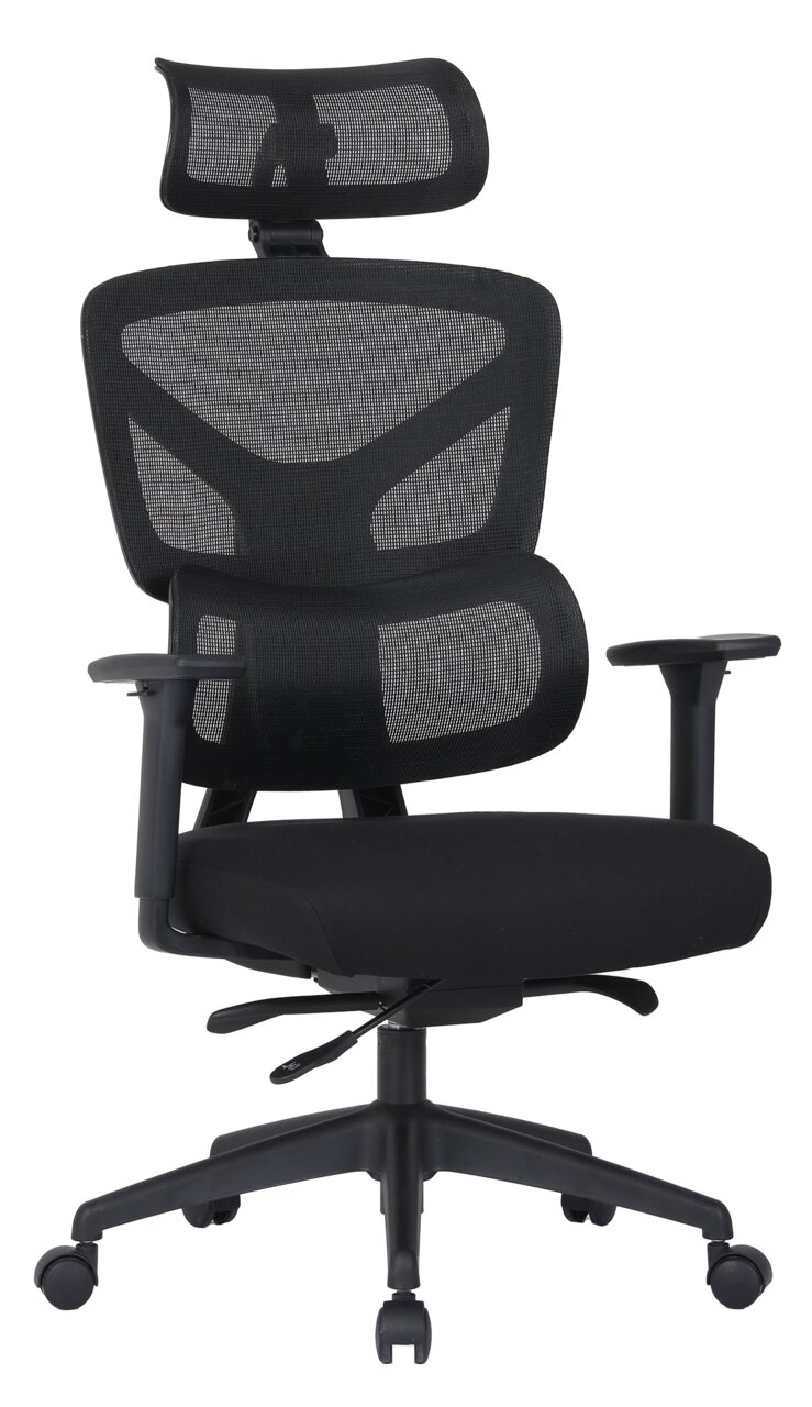Novel Draaistoel ROLF Ergonomische zwarte draaistoel met rugleuning van gaas en hoofdsteun, vooraanzicht