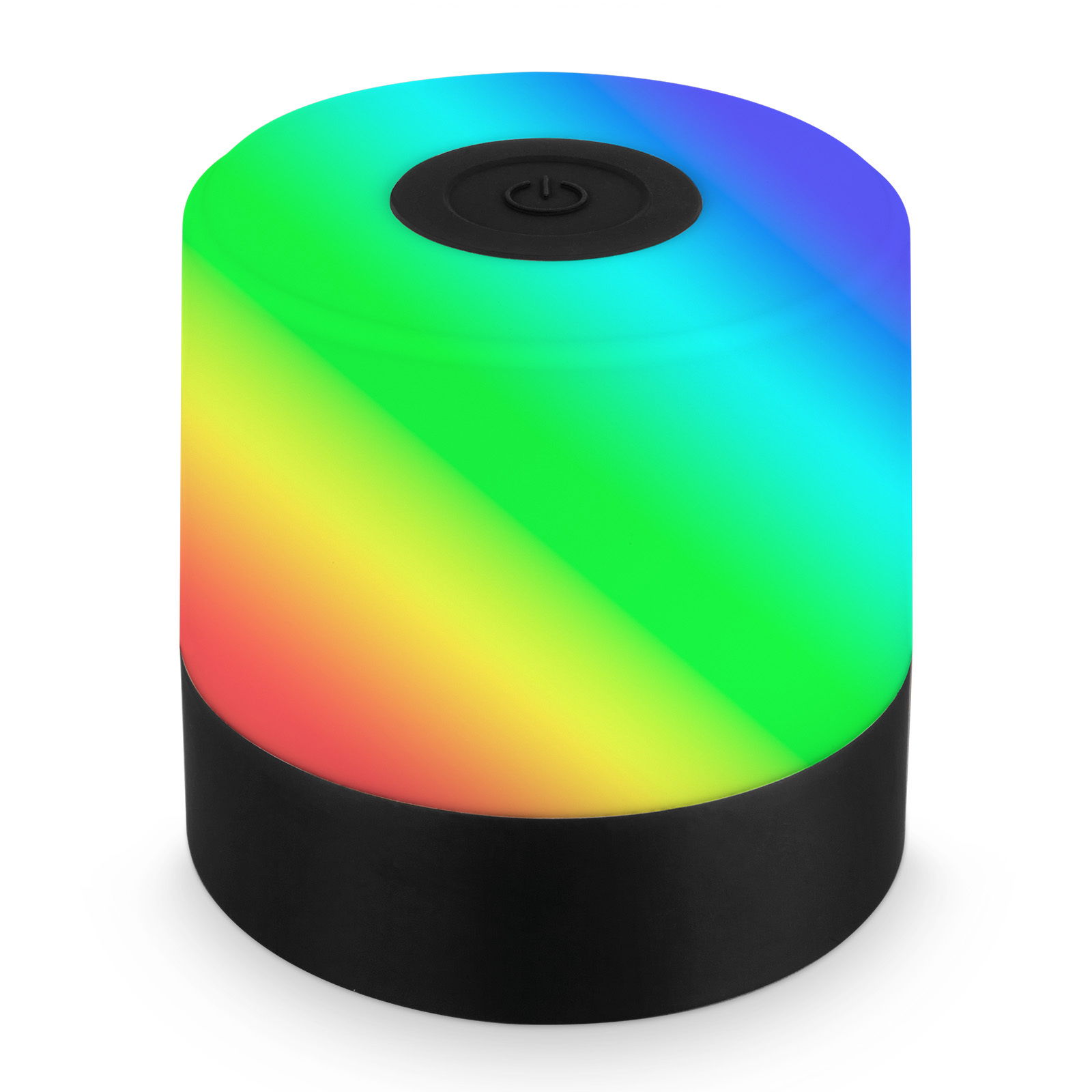 RGB LED Tischleuchte mit Akku, zylindrische Form, leuchtet in Regenbogenfarben, Ansicht von schräg oben