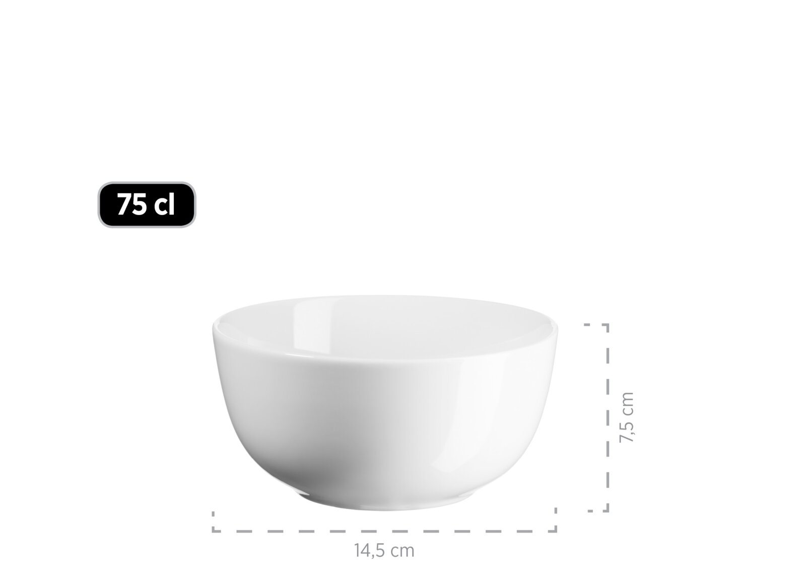 Weiße, runde Schüssel (75 cl) mit 14,5 cm Durchmesser und 7,5 cm Höhe, frontal in leicht erhöhter Perspektive auf weißem Hintergrund