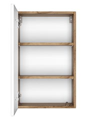 Hängeschrank mit geöffneter Tür, zwei Regalböden, Holzrahmen, Frontansicht