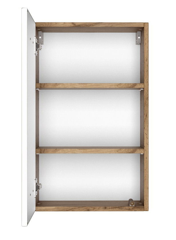 Hängeschrank mit geöffneter Tür, zwei Regalböden, Holzrahmen, Frontansicht