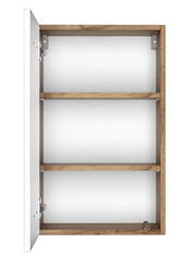 Hängeschrank mit geöffneter Tür, zwei Regalböden, Holzrahmen, Frontansicht