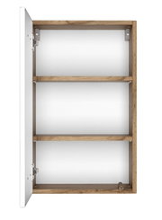 Hängeschrank mit geöffneter Tür, zwei Regalböden, Holzrahmen, Frontansicht