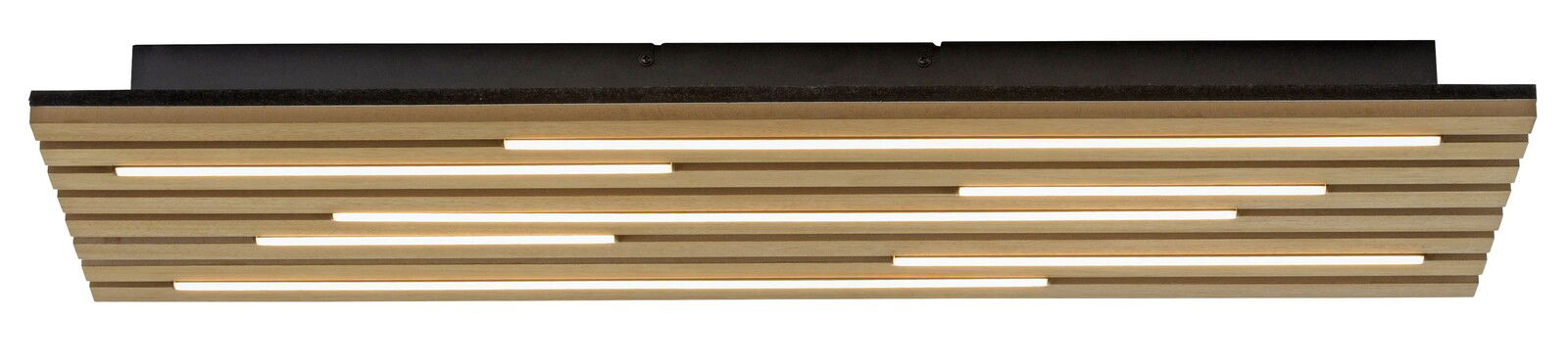 Moderne Deckenleuchte mit Holzlamellen, seitliche Perspektive
