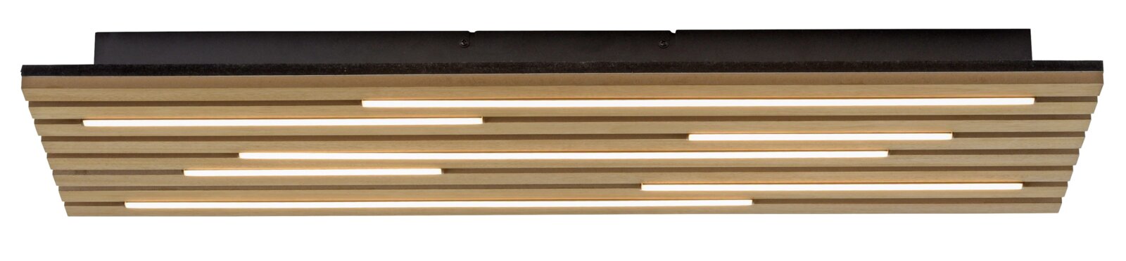 Moderne plafondlamp met houten lamellen, zijaanzicht