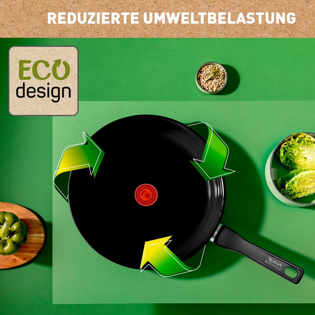 Keramik-Schmorpfanne D.24cm aus der Vogelperspektive, umgeben von grünem Hintergrund und Gemüse, mit Eco-Design-Hinweis.